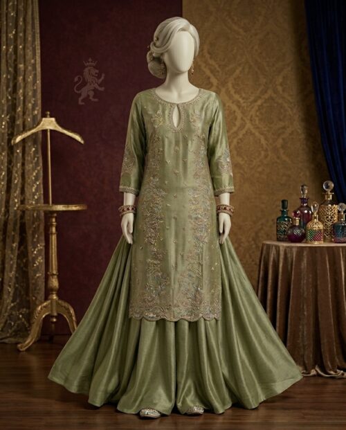 Sage Green Hand-Embellished Long Shirt with Flared Tissue Lehnga