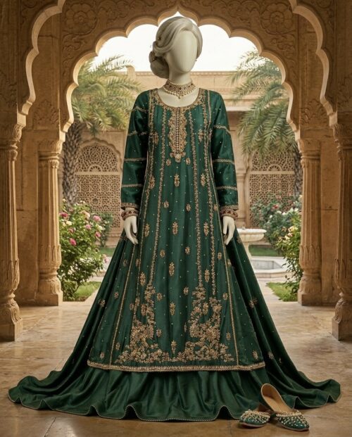 Bottle Green Hand-Embellished Floor-Length Maxi