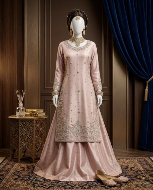 Exquisite Onion Pink Embellished Silk Kameez with Tissue Lehnga