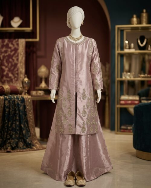 Onion Pink 2-Piece Silk Suit with Center Slit & Gold Embroidery
