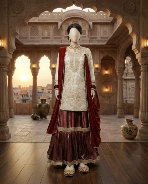 Meherkaari Royal Ivory & Maroon Ensemble – Hand-Embroidered Bridal Gharara Set