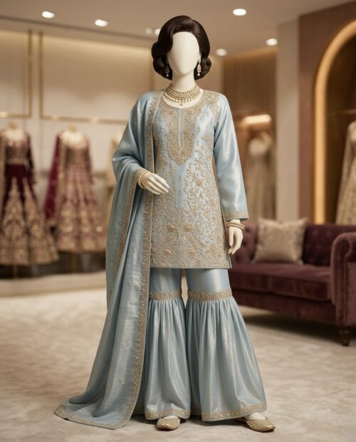 Meherkaari Royal IceBlue– Hand-Embroidered Bridal Gharara Set