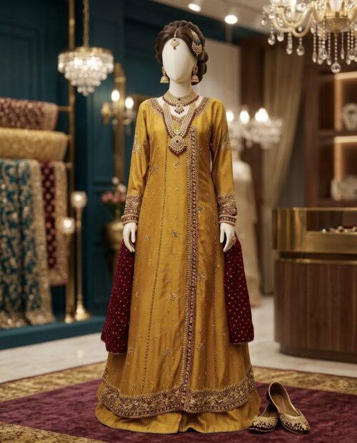 Hand-Embellished Mustard Angrakha Chiffon Silk Maxi