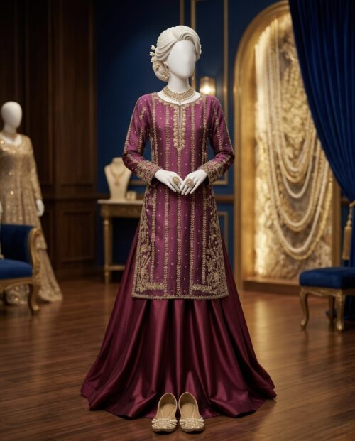 Plum Maroon Raw Silk Sharara Set with Keyhole Back and Gold Zardosi Work