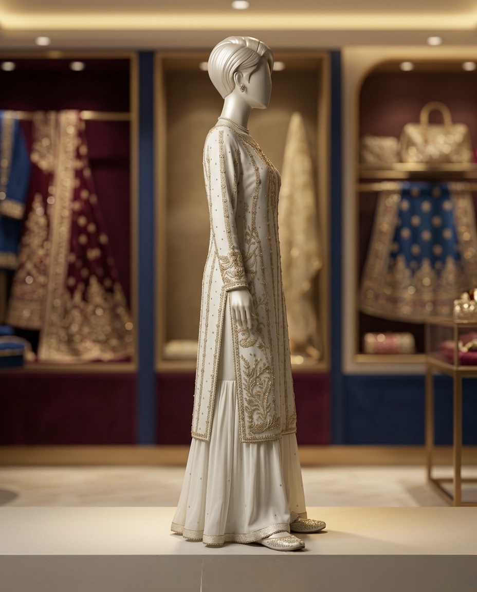 uxury Ivory Silk Hand-Embellished Nikah Gharara – Traditional Bridal Suit with Gold Zardozi & Dabka Work - Image 2