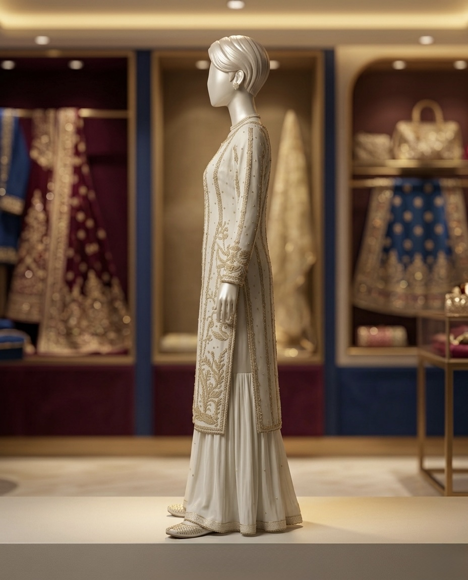 uxury Ivory Silk Hand-Embellished Nikah Gharara – Traditional Bridal Suit with Gold Zardozi & Dabka Work - Image 3